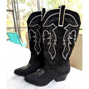 NEW Women's size 11 Embroidered Black Western Boots Cowgirl Chunky Heel Suede